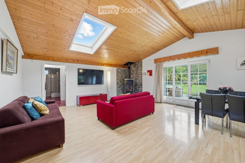 Bright living room with wooden ceiling, skylight, fireplace, and large windows leading to a patio. Features a red sofa, dark brown sectional sofa, dining table with chairs, and a TV mounted on the wall.