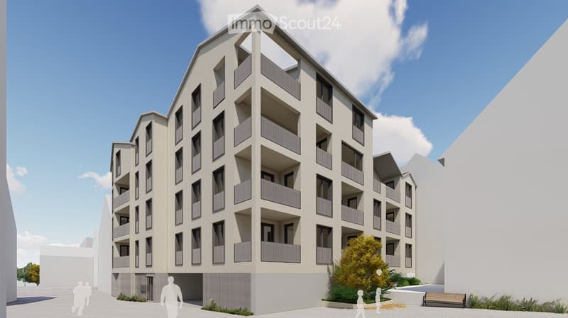 Modern multi-story residential building with balconies and large windows, surrounded by greenery and a paved area.