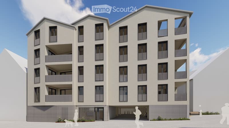 Modern multi-story residential building with balconies, large windows, and a covered parking area.