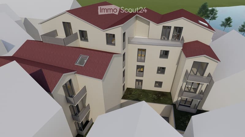 3D model of a modern residential building with red-tiled roofs, multiple balconies, and large windows.