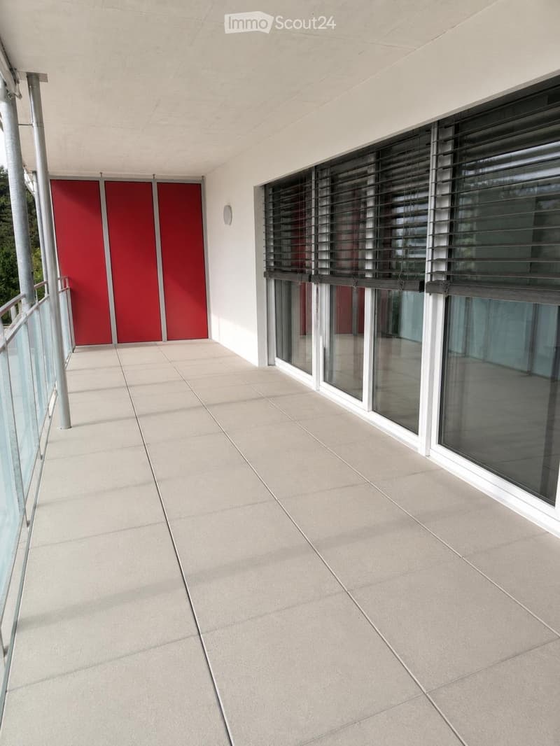Modern balcony with large windows, roller blinds, and a glass railing. The floor is tiled, and there is a red door at one end.
