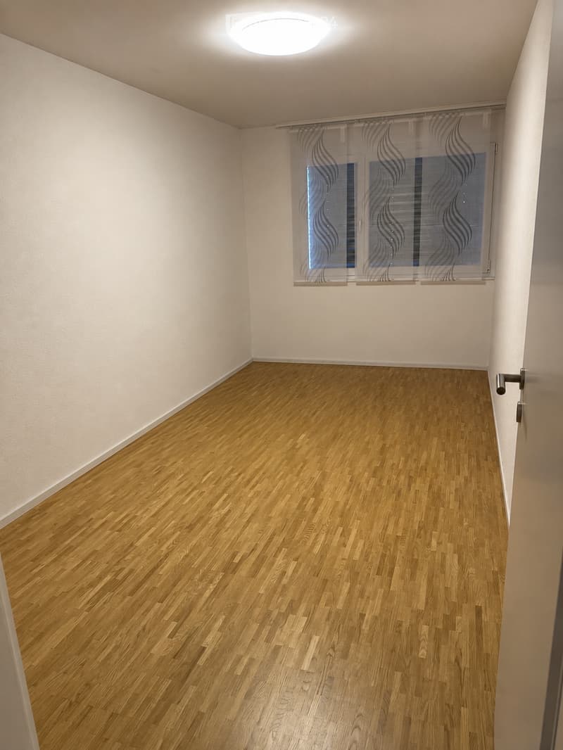 Empty room with wooden flooring, white walls, and a large window with sheer curtains. The room has a modern, minimalist design with a single round ceiling light fixture.