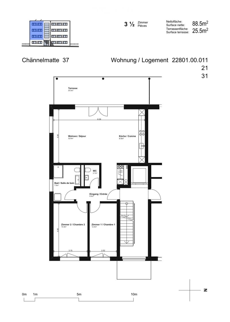 Floor plan of a 3.5-room apartment with a living room, kitchen, two bedrooms, bathroom, and a terrace.