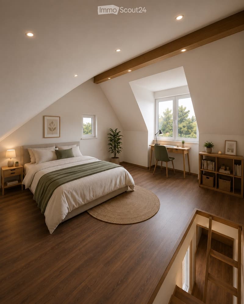 Spacious attic bedroom with wooden floors, large windows, a bed with white linens, a nightstand, a desk with a chair, a bookshelf, and plants.