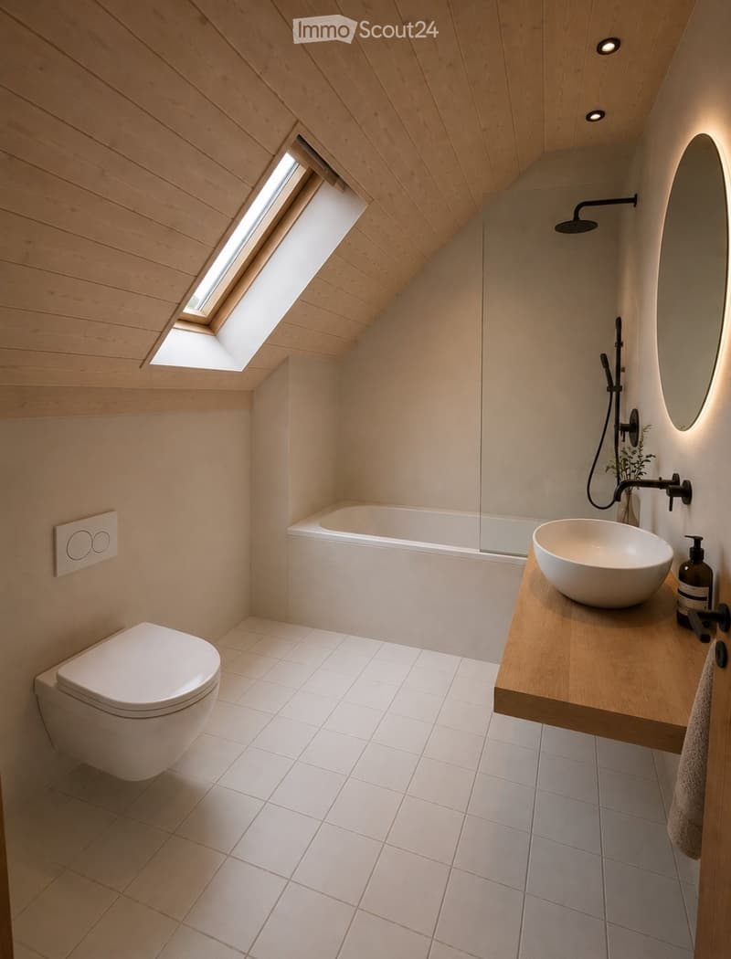 Modern bathroom with a bathtub, toilet, sink, and a large mirror. The space features wooden ceilings and walls, white tiles, and a skylight providing natural light.