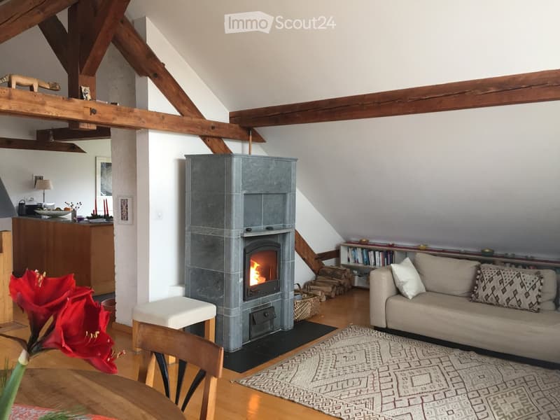 Cozy living room with exposed wooden beams, a stone fireplace, a sofa, a wooden table, and a bookshelf.