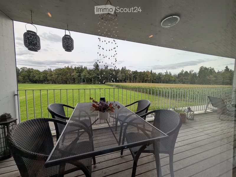 large deck, metal table and chairs, large windows, hanging lanterns, metal railing, green grass view