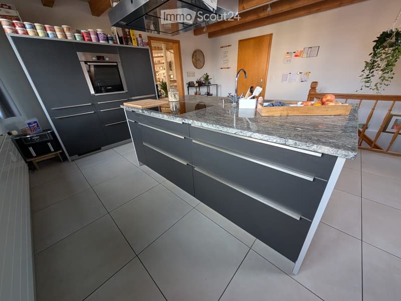 modern kitchen, granite countertop, gas stove, oven, dishwasher, grey cabinets, tiled floor