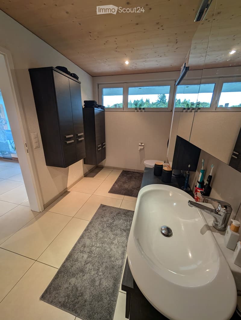 Bathroom: large bathroom, white tiles, black cabinet, white sink, two gray rugs, glass windows, mirror, toothbrushes, toilet, toilet paper, trash bin