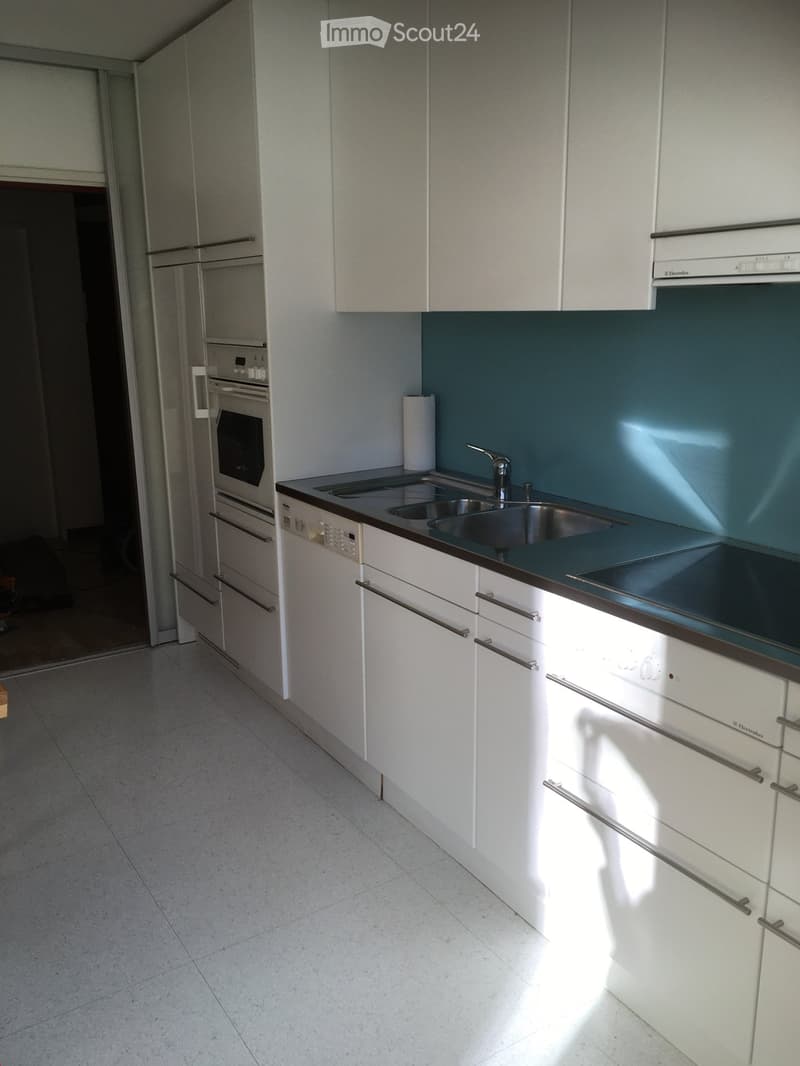 Modern kitchen with white cabinets, stainless steel sink, oven, dishwasher, and countertop.