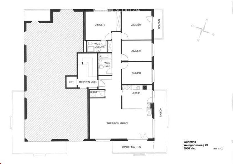 Floor plan of a residential space with multiple rooms including living/dining area, kitchen, bedrooms, bathrooms, and a winter garden.
