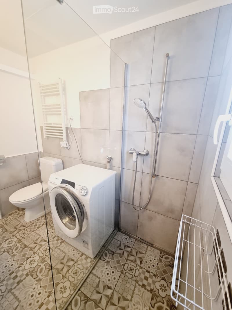 Modern bathroom with a white washing machine, toilet, and a glass-enclosed shower with a handheld showerhead. The floor features a patterned tile design, and a towel rack is mounted on the wall.