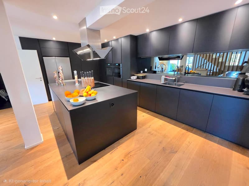 Modern kitchen with dark grey cabinets, a central island, and a wooden floor. The island features a countertop with bowls of fruit and a knife block. The kitchen includes a sink, faucet, oven, and refrigerator.