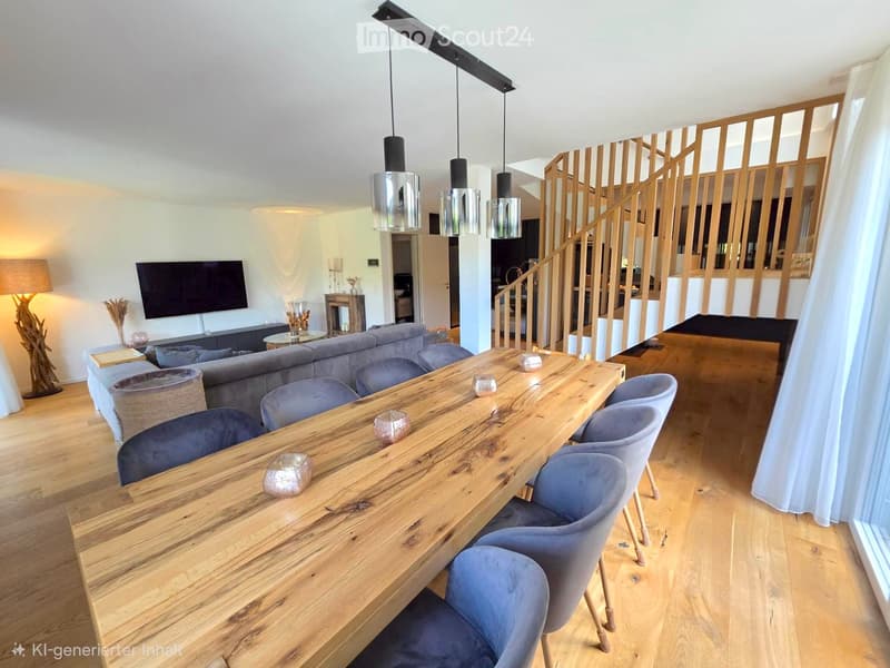 Modern living and dining area with a large wooden dining table, grey upholstered chairs, a grey sofa, a television, a floor lamp, and a wooden staircase leading to an upper level.