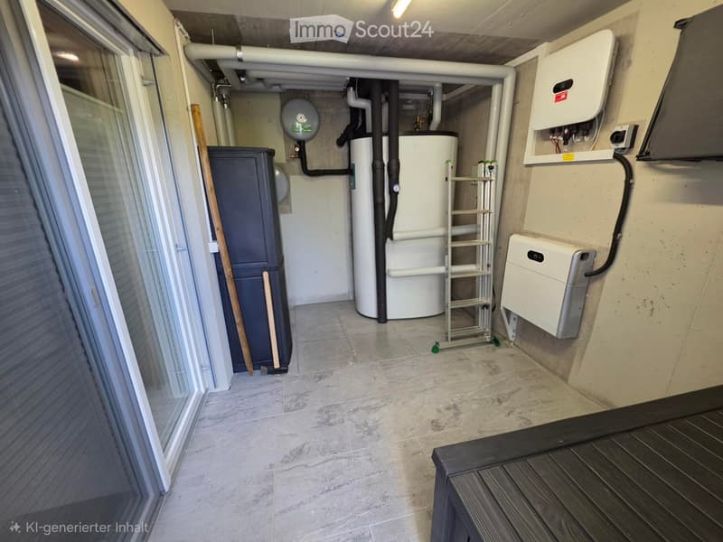 Utility room with tiled floor, water heater, electrical panel, and storage cabinet. Exposed pipes and a broom are visible.