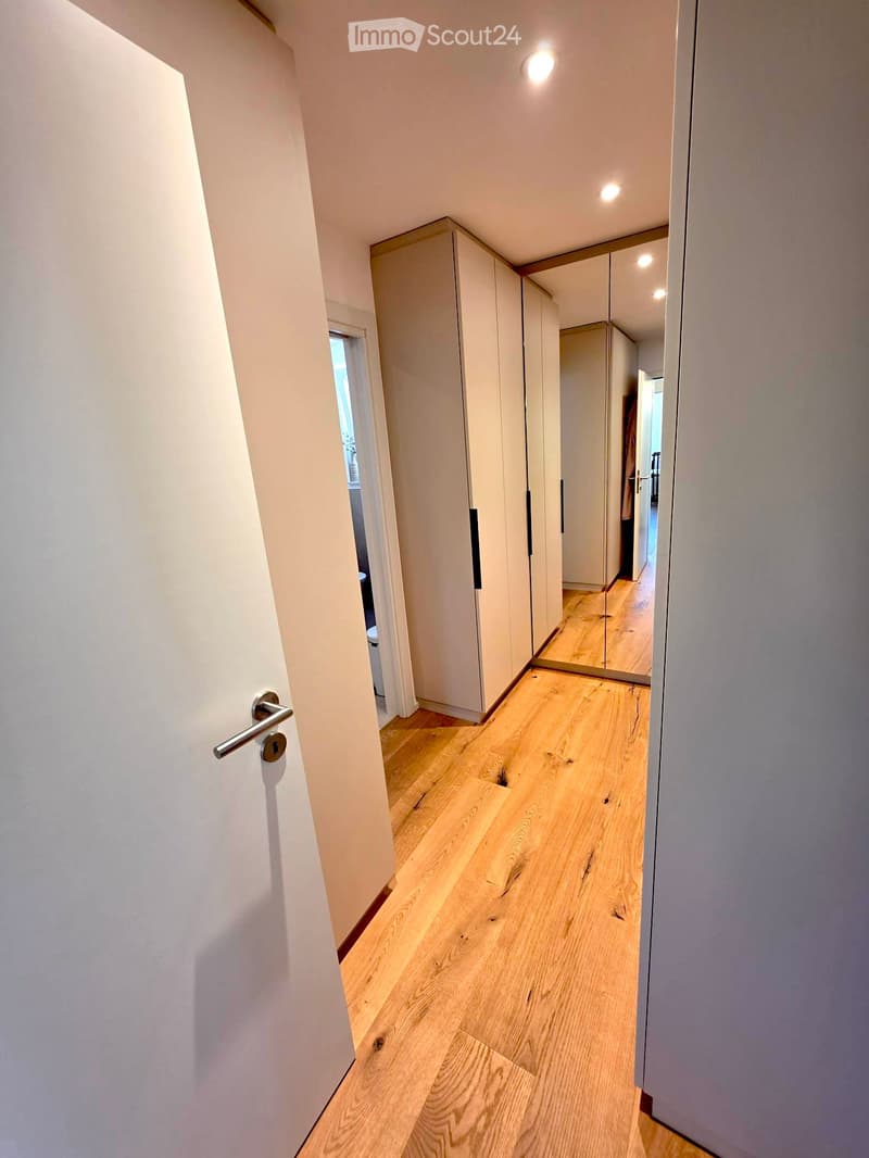 Modern hallway with light wooden flooring, white walls, built-in wardrobes, and recessed lighting.