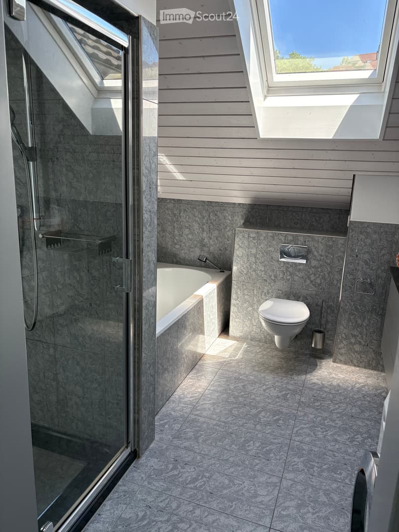 Modern bathroom with a bathtub, toilet, glass-enclosed shower, and large skylight windows providing natural light.