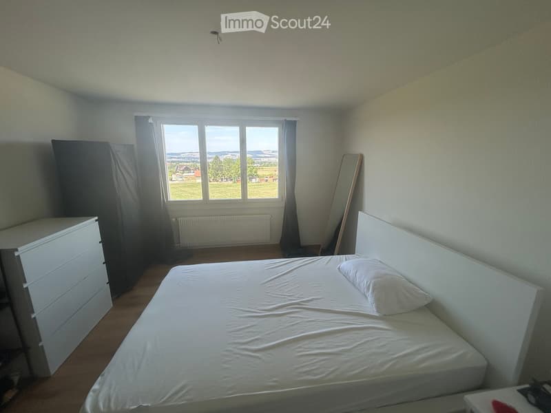 A small bedroom with a single bed, white bedding, a pillow, a wardrobe, and a radiator beneath a large window with a scenic view.