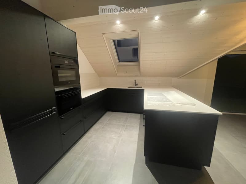 Modern kitchen with black cabinets, white countertop, built-in oven, and a skylight window above the sink.