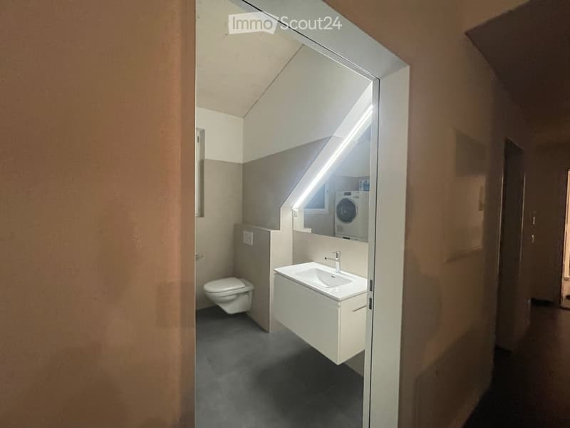 Modern bathroom with a toilet, sink, and washing machine visible through an open doorway. The space features a grey carpeted floor and white walls.