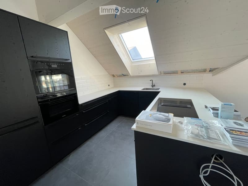 Modern kitchen with black cabinets, white countertops, and a built-in oven. A skylight provides natural light, and the space includes a sink and countertop with various items.
