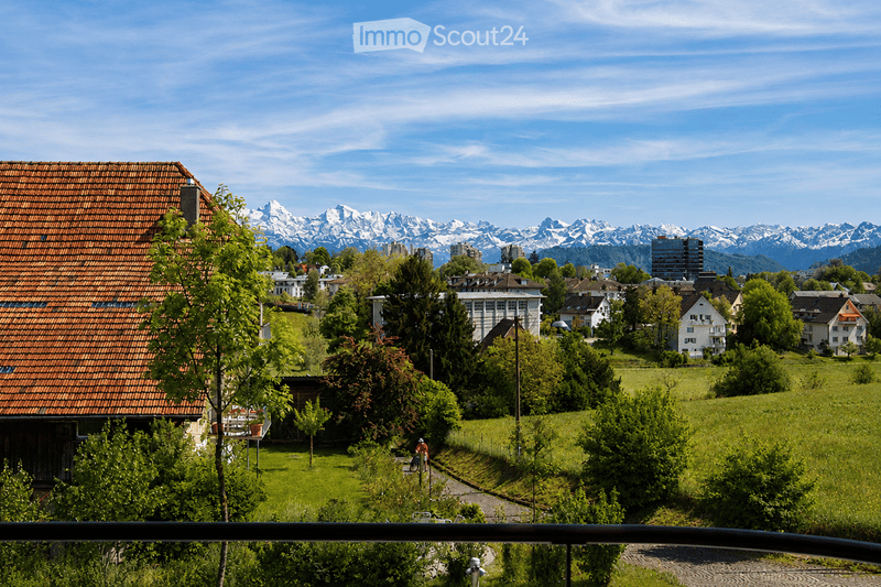 Scenic view of a town with houses, green fields, and distant snow-capped mountains under a clear blue sky.