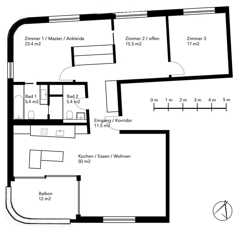 Floor plan showing a master bedroom, open room, third bedroom, two bathrooms, entrance/corridor, kitchen/dining/living area, and a balcony.