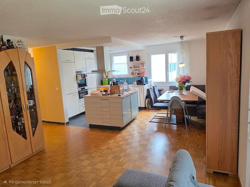 A modern, open-plan living and dining area with a wooden floor, white kitchen cabinets, a central island, and a dining table with chairs. The space includes a sofa, a flower vase, and various kitchen appliances.