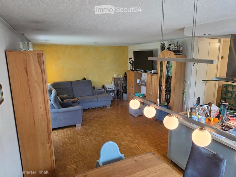 A modern living and dining area with a grey sofa, wooden dining table, chairs, and a kitchen area with cabinets and a counter. The space features wooden flooring, pendant lights, and a television on a stand.