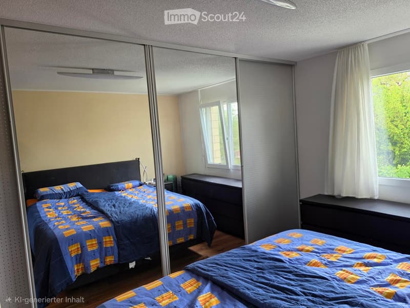 A well-lit bedroom with two single beds, blue and yellow bedding, a nightstand, and a large mirror reflecting the room.