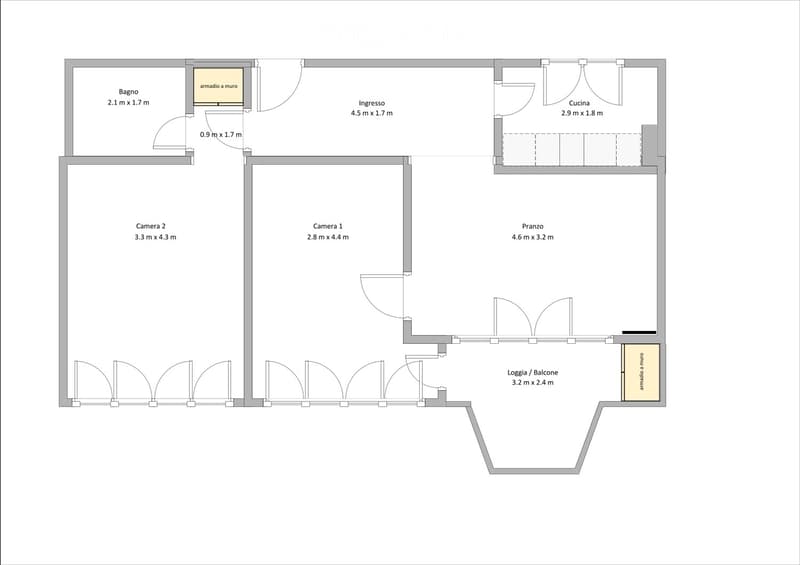 Floor plan of an apartment with two bedrooms, a living room, a kitchen, a bathroom, and a balcony.