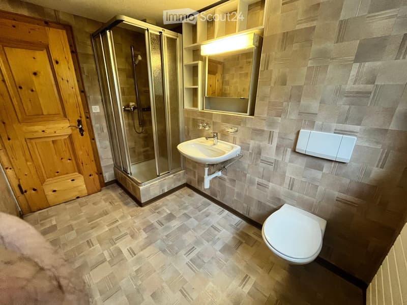 Modern bathroom with a tiled floor and walls, featuring a toilet, sink, mirror, and a glass-enclosed shower. The space includes a wooden door and built-in storage shelves above the sink.