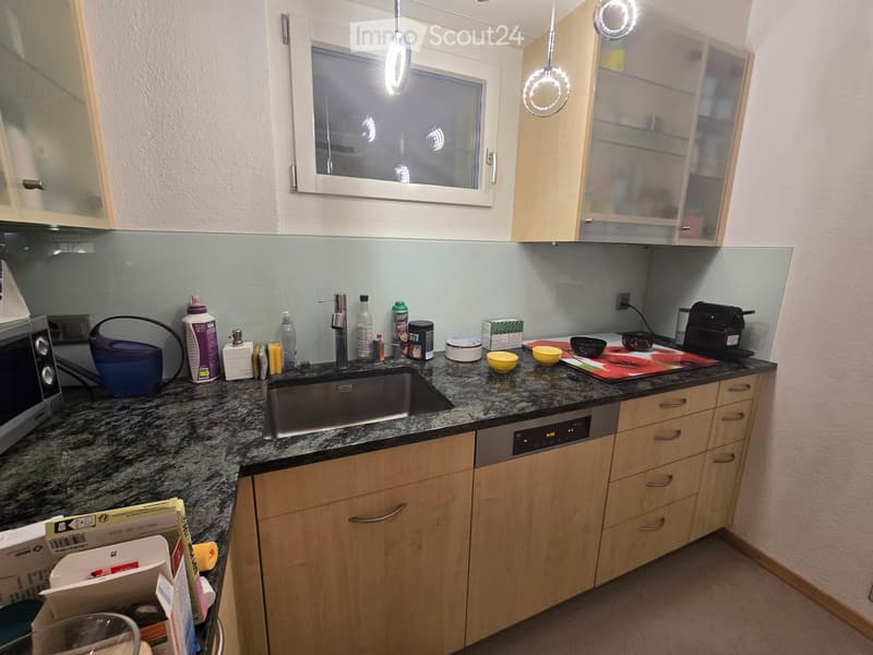 Modern kitchen with granite countertop, stainless steel sink, wooden cabinets, microwave, dishwasher, and various kitchen items on the counter.
