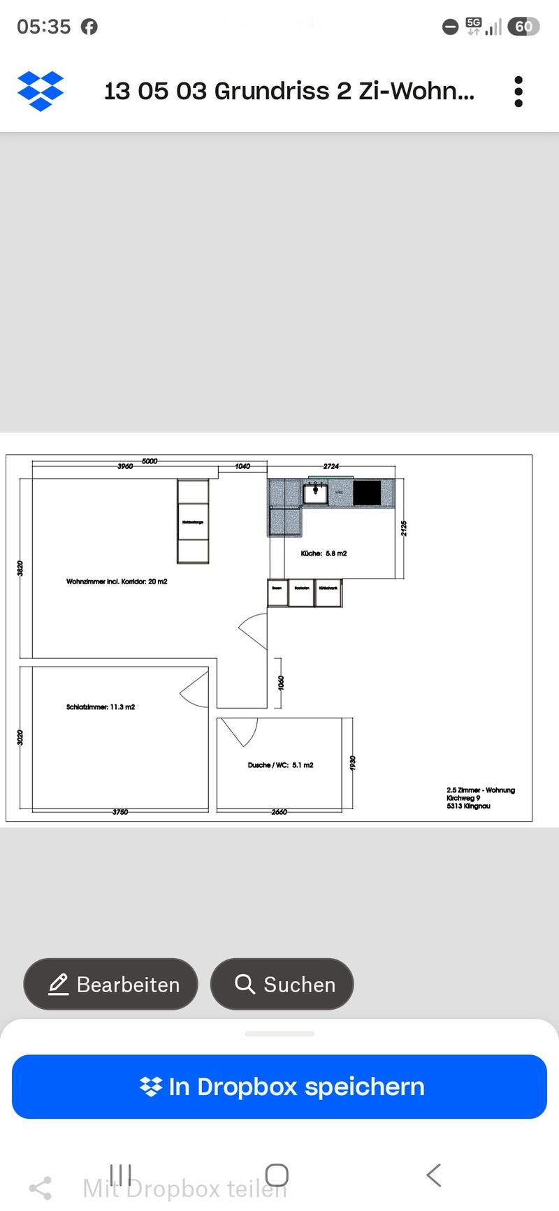 Floor plan of a 2-room apartment with living room, bedroom, kitchen, and bathroom.