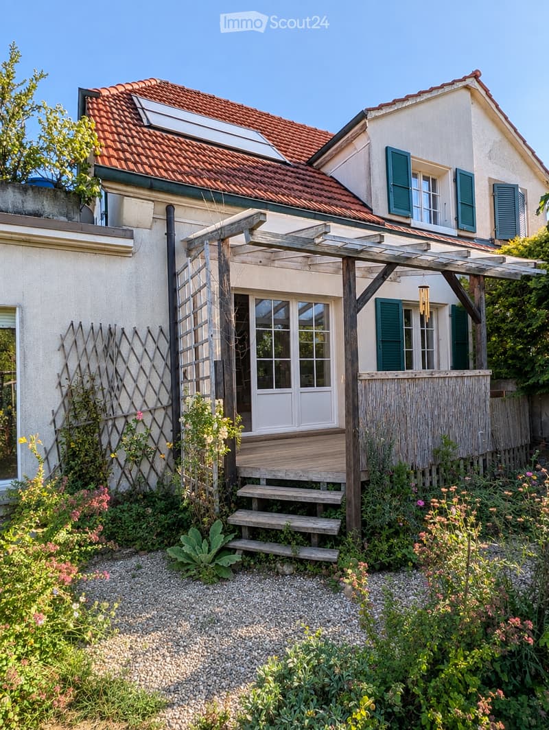 Two-story house with red-tiled roof, white walls, green shutters, and a wooden deck with steps leading up to it. The garden features gravel paths, various plants, and a wooden pergola.