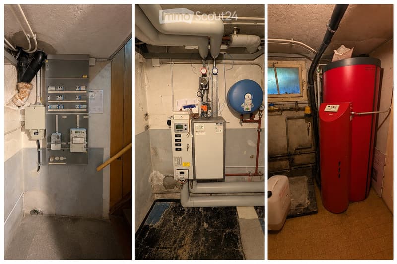 Three images showing utility rooms with electrical panels, water heaters, boilers, and various pipes and valves.