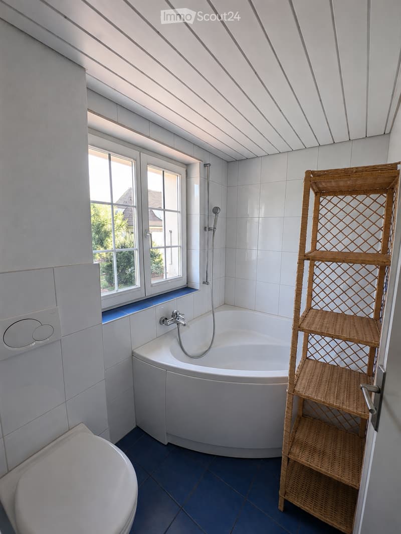 Modern bathroom with a corner bathtub, toilet, shower, and a woven shelf unit. The room features white tiled walls, blue tiled flooring, and large windows with a view of greenery outside.
