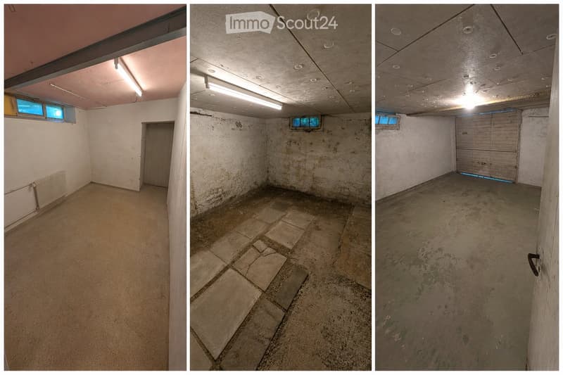 Three images show empty rooms with bare walls, concrete floors, and minimal lighting. No furniture or equipment is present.