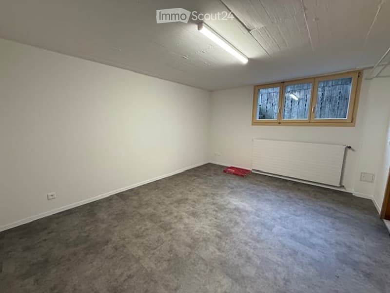 Empty room with white walls, grey carpet, wooden-framed windows, radiator, and a small red mat on the floor.