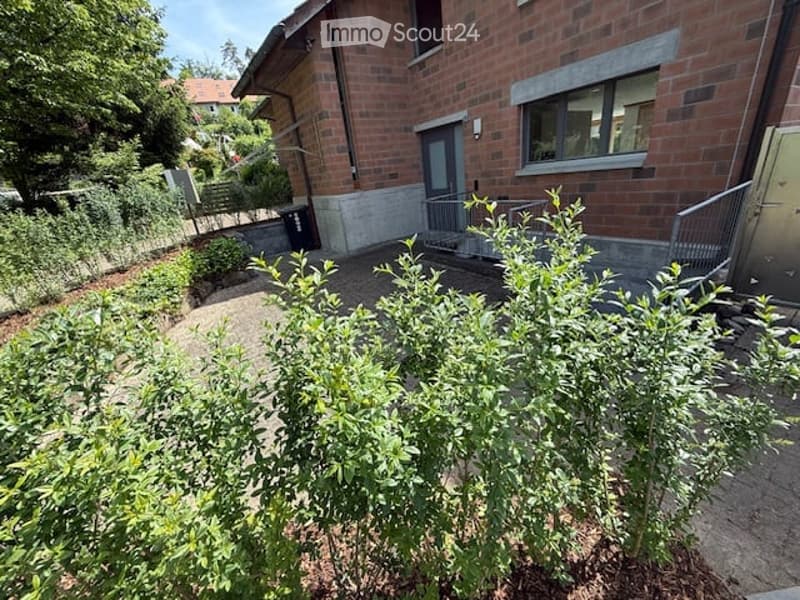 A small garden area in front of a brick building, featuring a gravel pathway, green shrubs, and a small bench. The building has a modern design with large windows and a raised entrance.