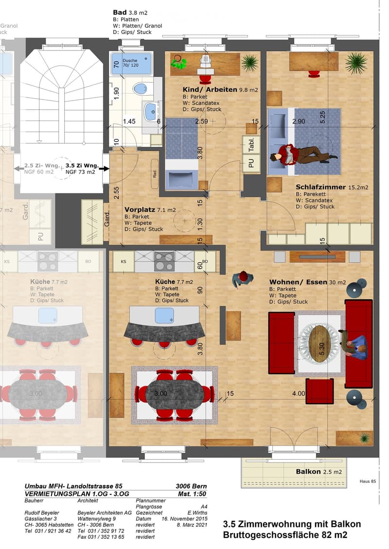 Floor plan of a 3.5-room apartment with a balcony, including living/dining area, kitchen, bedroom, bathroom, and balcony.