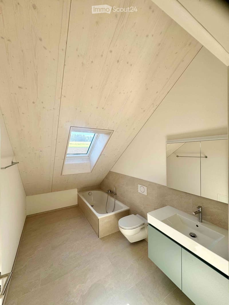 Modern bathroom with a bathtub, toilet, sink, and built-in cabinet. Features a skylight window and wooden paneling on the walls.