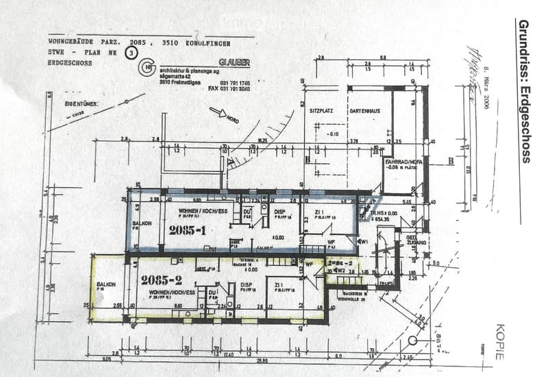 Ground floor plan of a residential building showing two apartments, each with a living/dining/kitchen area, bedroom, bathroom, and balcony. Includes a garden house and parking area.