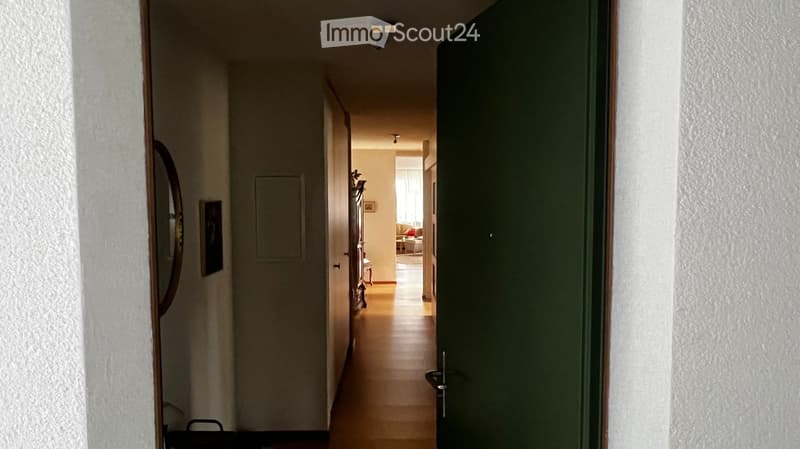 A narrow hallway with wooden flooring, white walls, and recessed lighting. A closed green door is visible on the right, and a mirror and picture frame are mounted on the left wall. The hallway leads to a room with furniture visible in the background.