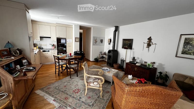 A well-furnished living and dining area with wooden flooring, a patterned rug, a sofa, a wooden chair, a dining table with chairs, a wooden cabinet, a wood-burning stove, and a small kitchen area with cabinets and appliances.