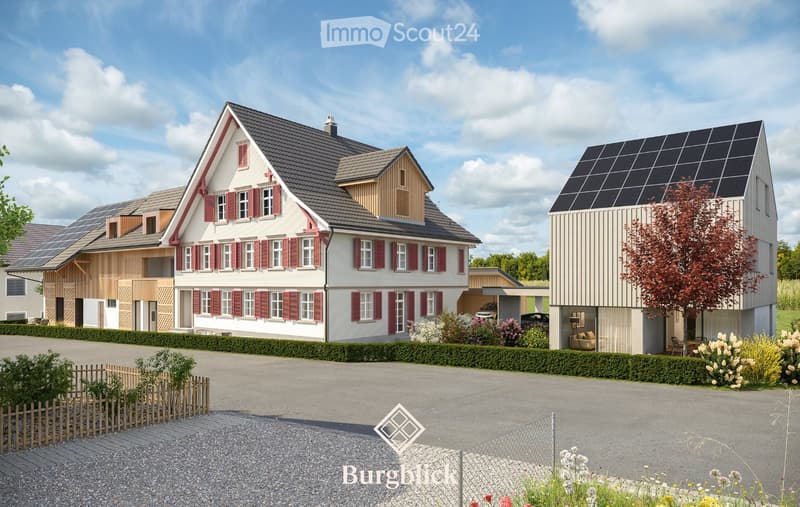 Three modern houses with solar panels on the roofs, surrounded by well-maintained gardens and a driveway.