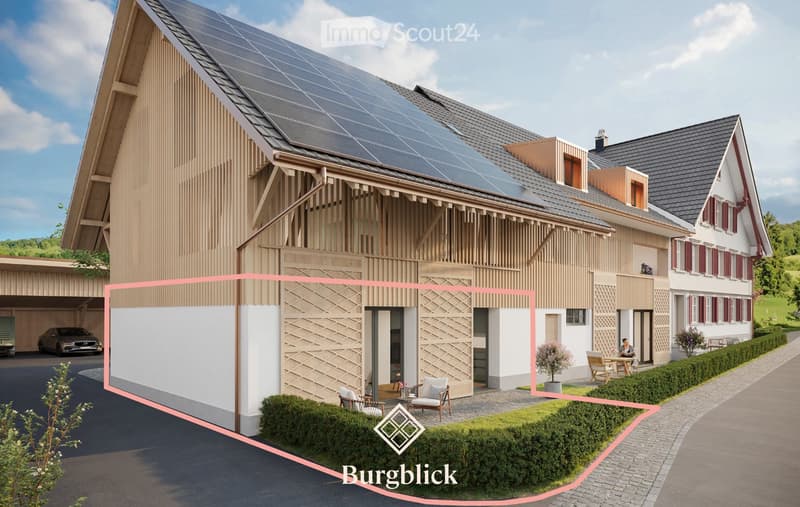 Modern two-story house with solar panels on the roof, featuring a garage, patio seating area, and well-maintained garden.