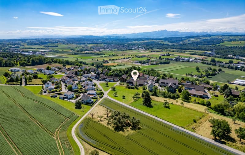 Aerial view of a rural village with houses, green fields, and distant mountains.