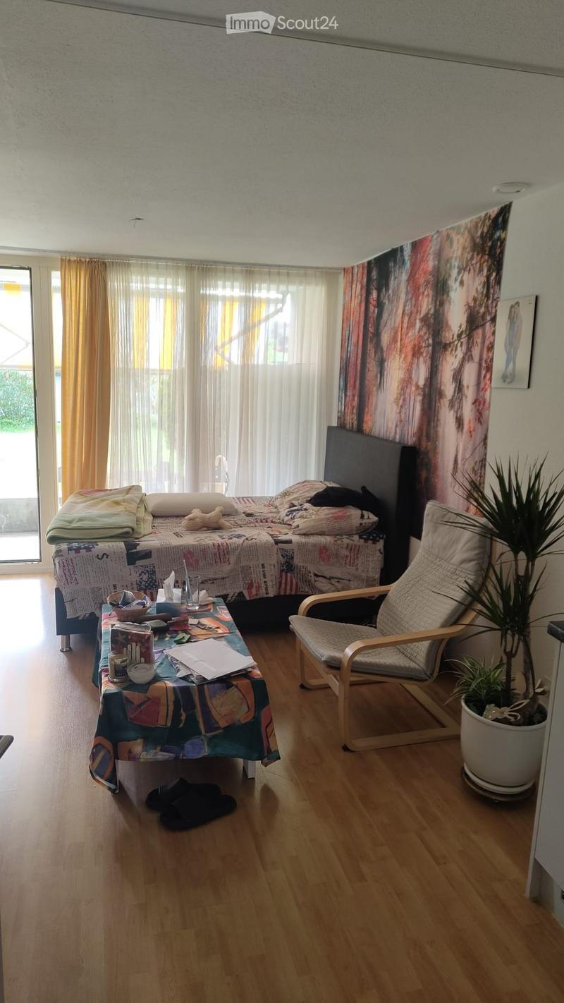 Cozy bedroom with wooden flooring, a bed with a colorful bedspread, a wooden chair, a small table with various items, and a potted plant near the window.