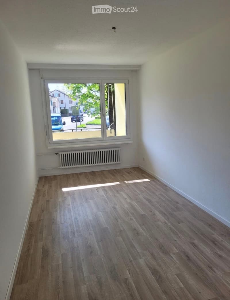 Empty room with light wooden flooring, white walls, and a large window with a radiator below it.